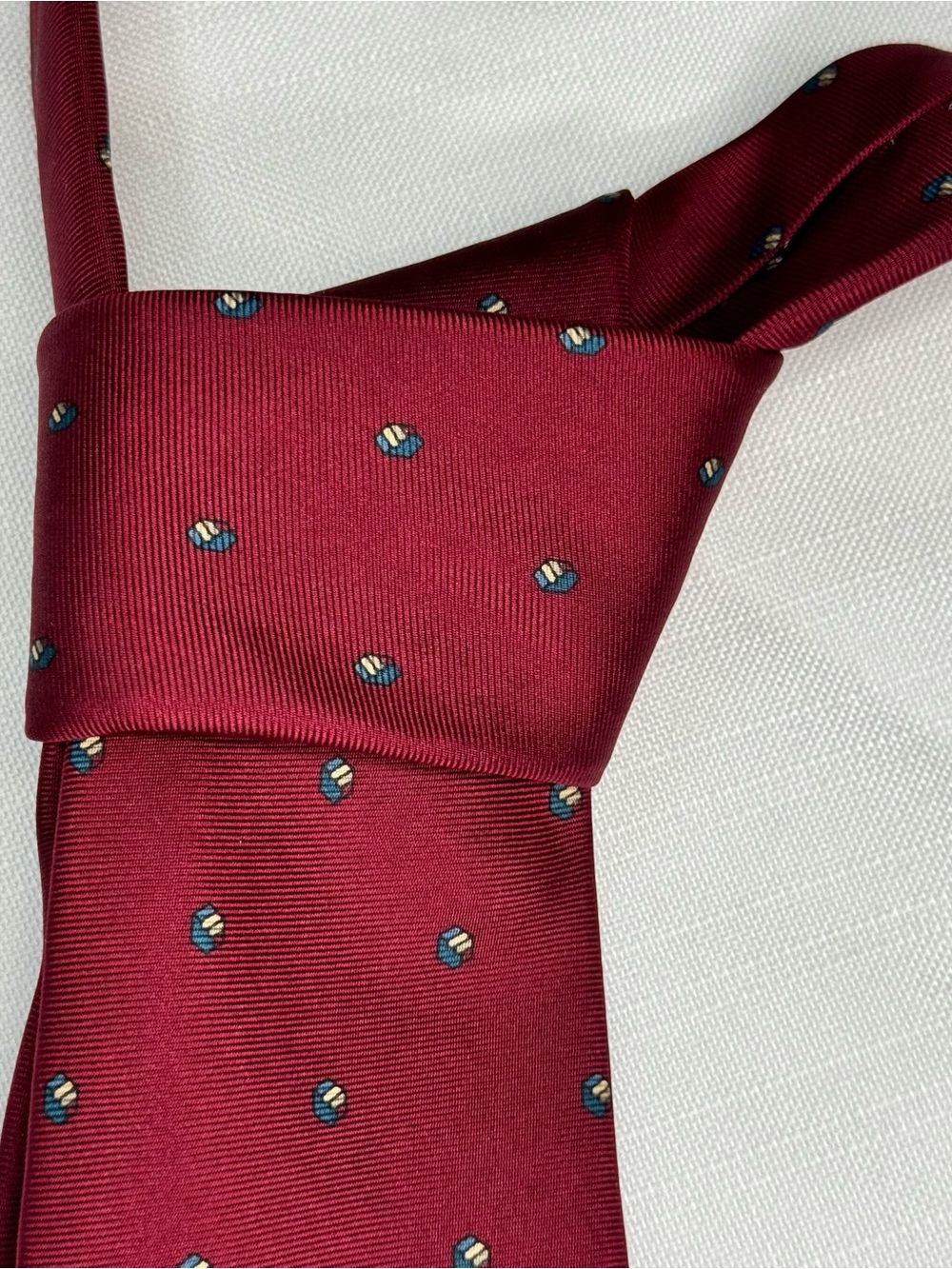 Yves Saint Laurent Burgundy Silk Tie with Blue and Cream Dots
